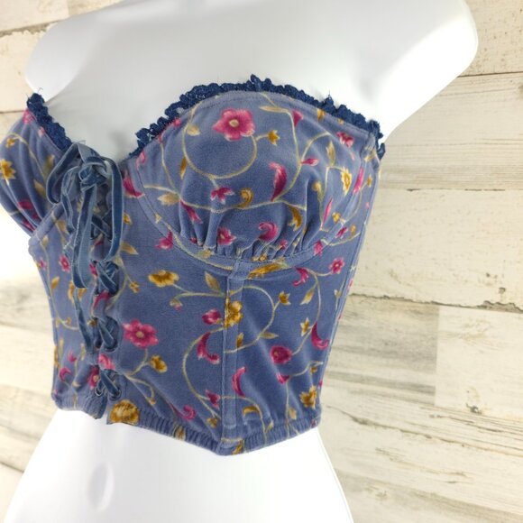 VINTAGE Y2K VICTORIA'S SECRET COUNTRY 36B FLORAL BLUE VELVET BUSTIER CORSET TOP. - Picture 15 of 16